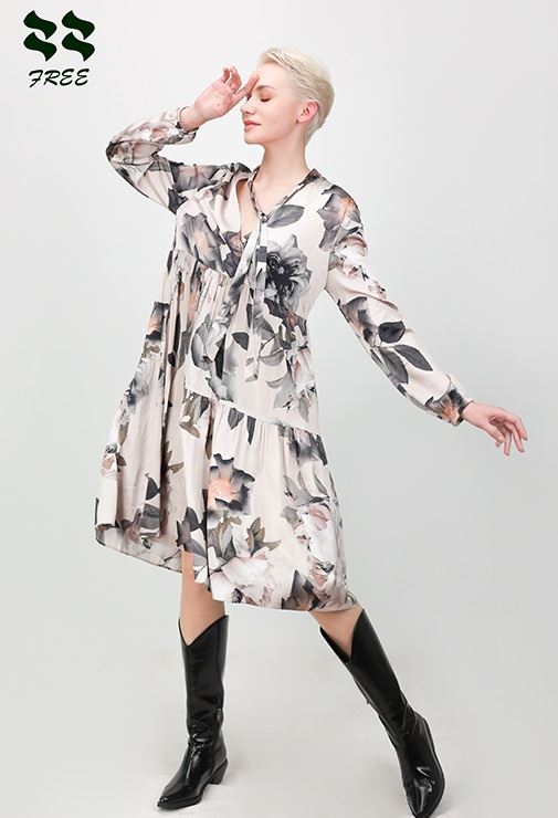 Floral Digital Print Long Sleeve Gathering Dress